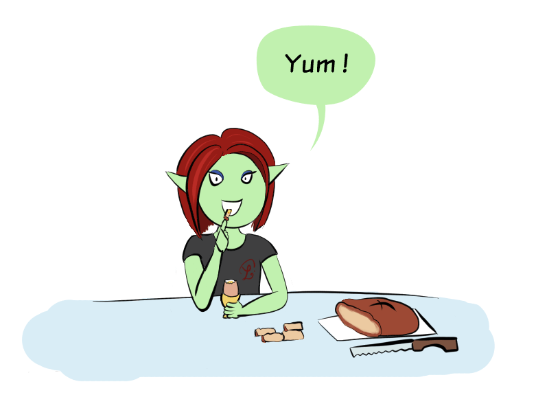 Petit Lutin says "Yum !" while eating a boiled egg